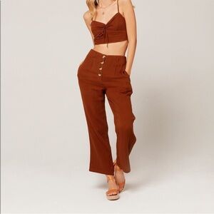 NWT L*SPACE Georgie Cotton Gauze Trousers Pants Tobacco Brown Large